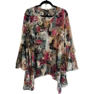 Vintage DOR DOR COUTURE Multi Abstract Long Bell Sleeve Mesh Tunic Top Sz Medium